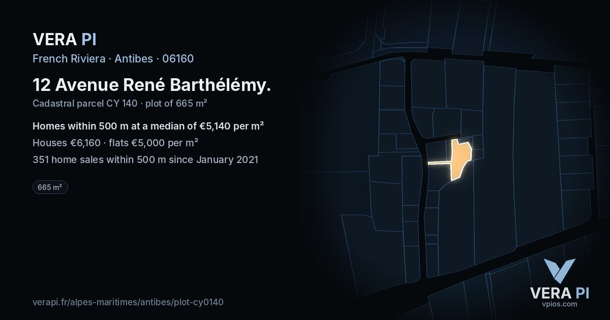 12 Avenue René Barthélémy, Antibes at night – the plot lit, the parcels around coloured by the prices near them