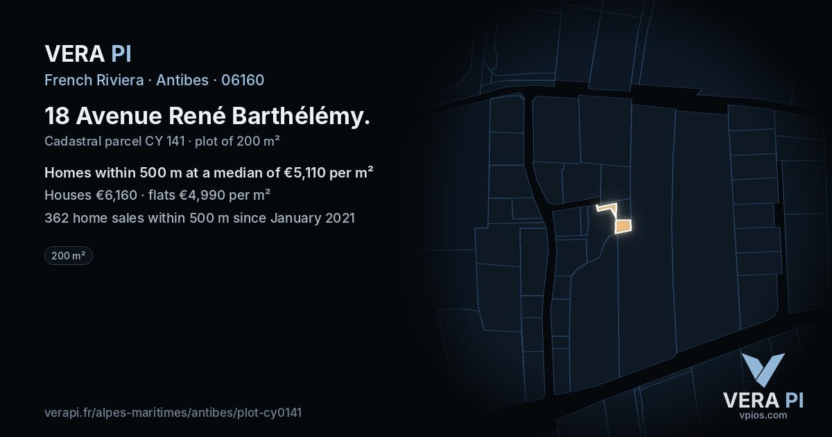 18 Avenue René Barthélémy, Antibes at night – the plot lit, the parcels around coloured by the prices near them