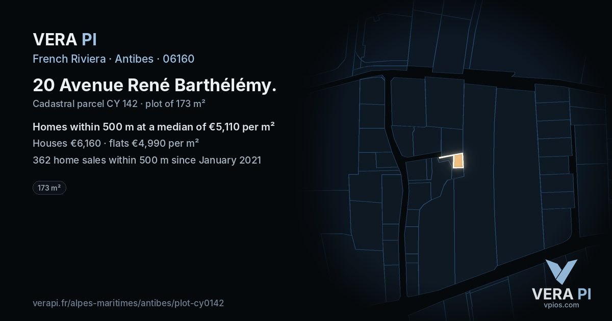 20 Avenue René Barthélémy, Antibes at night – the plot lit, the parcels around coloured by the prices near them