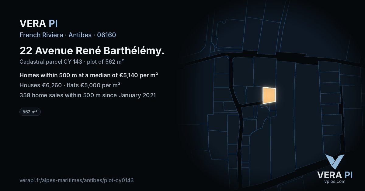 22 Avenue René Barthélémy, Antibes at night – the plot lit, the parcels around coloured by the prices near them