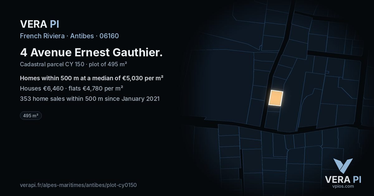 4 Avenue Ernest Gauthier, Antibes at night – the plot lit, the parcels around coloured by the prices near them