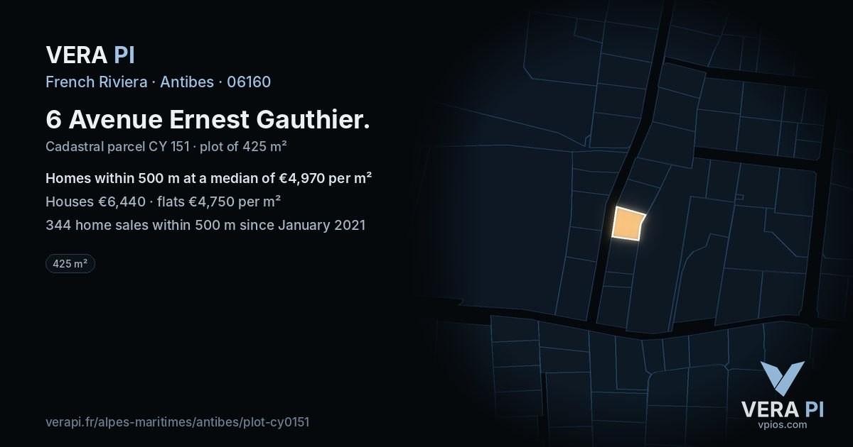 6 Avenue Ernest Gauthier, Antibes at night – the plot lit, the parcels around coloured by the prices near them