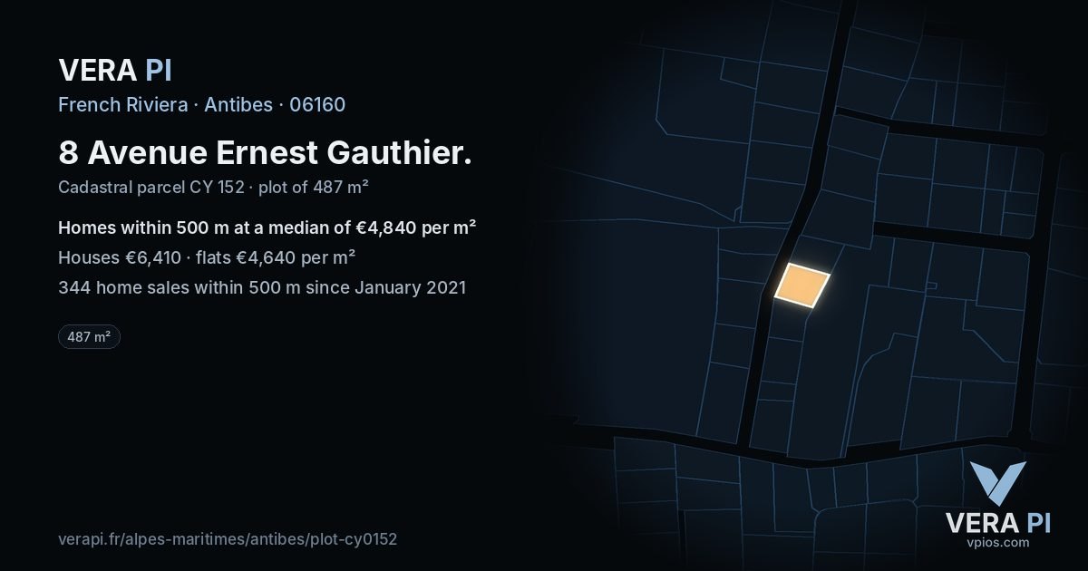 8 Avenue Ernest Gauthier, Antibes at night – the plot lit, the parcels around coloured by the prices near them
