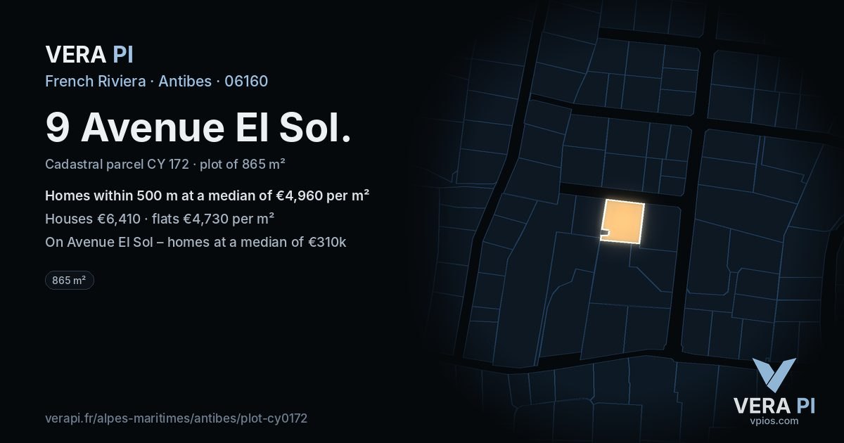 9 Avenue El Sol, Antibes at night – the plot lit, the parcels around coloured by the prices near them