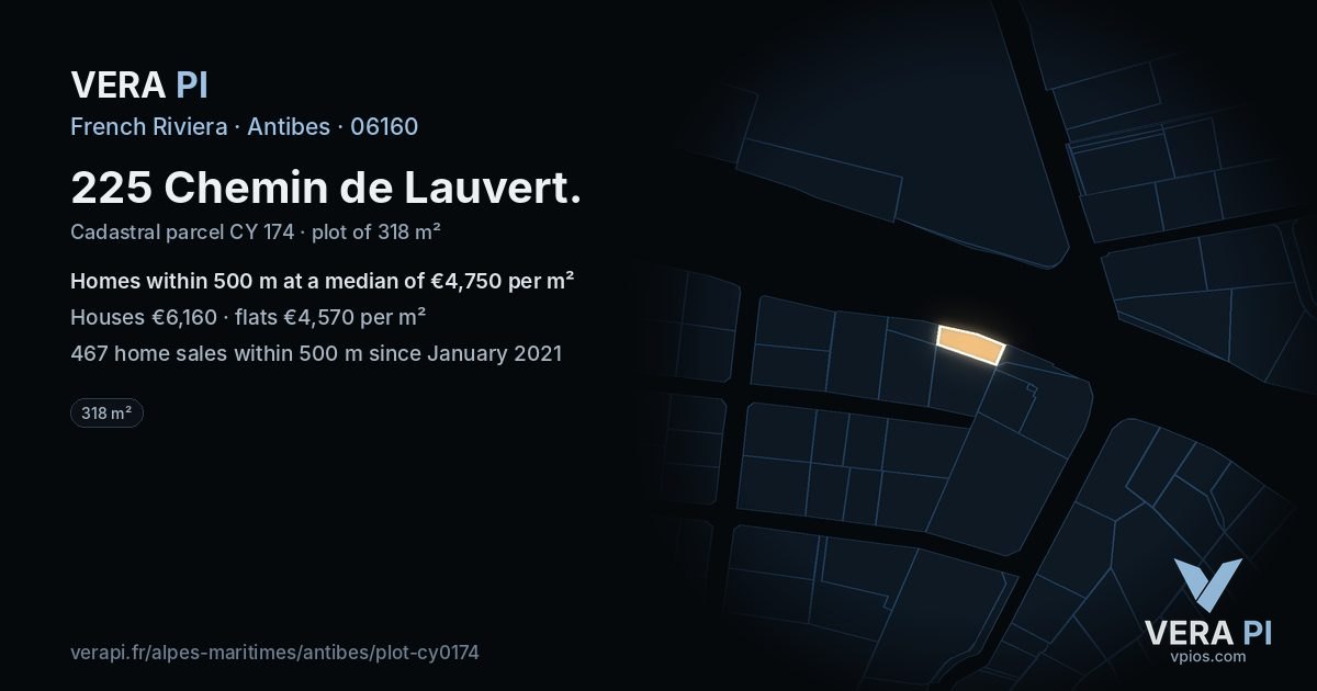 225 Chemin de Lauvert, Antibes at night – the plot lit, the parcels around coloured by the prices near them