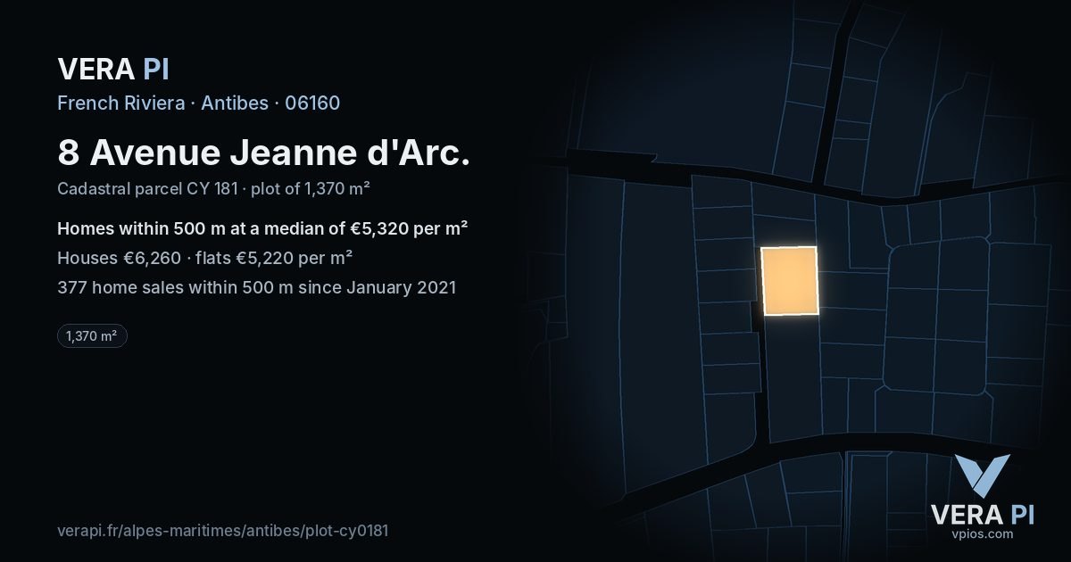 8 Avenue Jeanne d'Arc, Antibes at night – the plot lit, the parcels around coloured by the prices near them