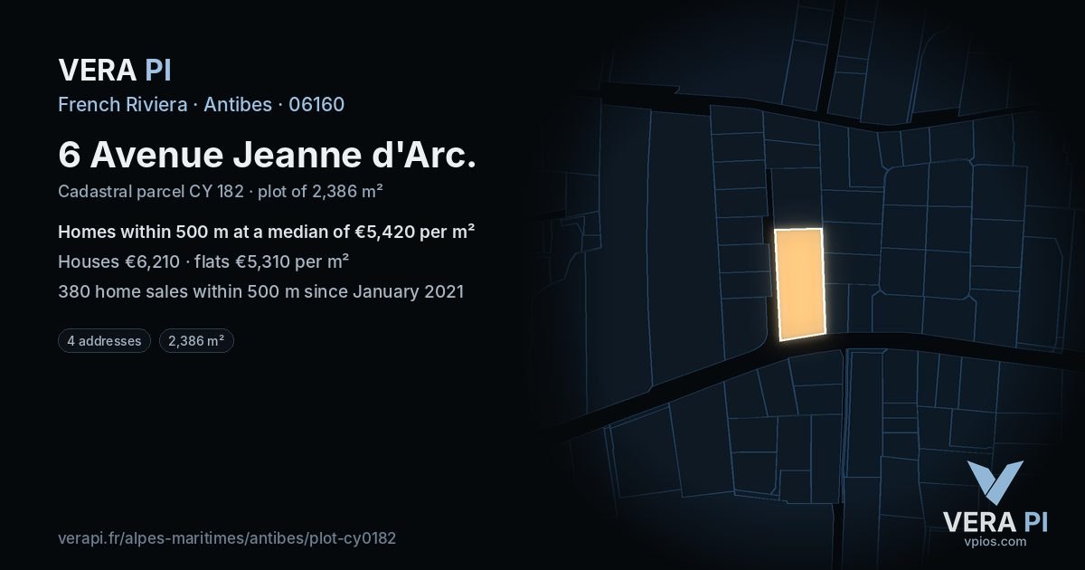 6 Avenue Jeanne d'Arc, Antibes at night – the plot lit, the parcels around coloured by the prices near them