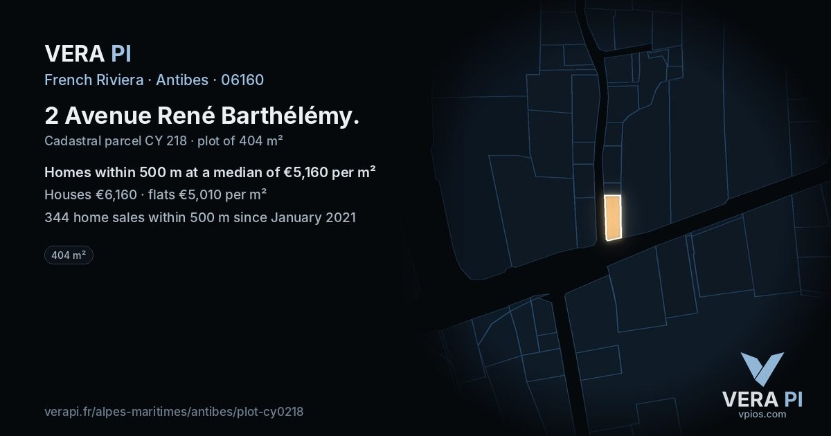 2 Avenue René Barthélémy, Antibes at night – the plot lit, the parcels around coloured by the prices near them