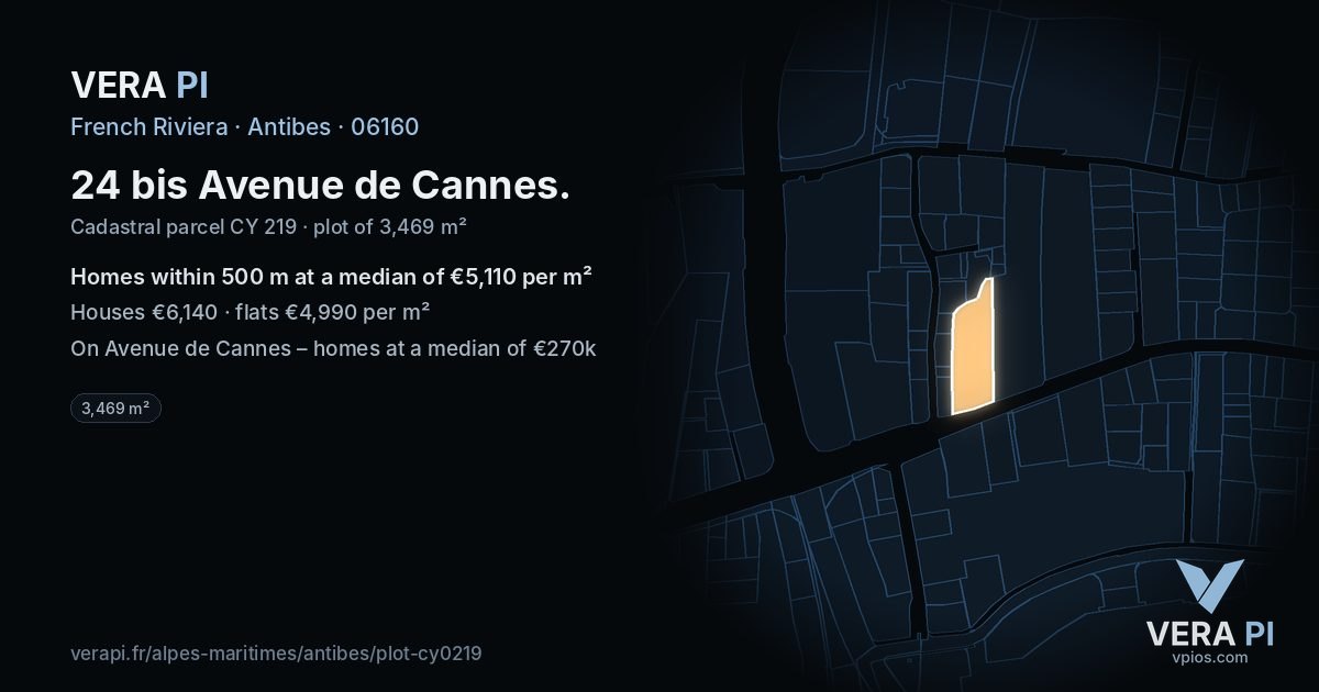 24 bis Avenue de Cannes, Antibes at night – the plot lit, the parcels around coloured by the prices near them
