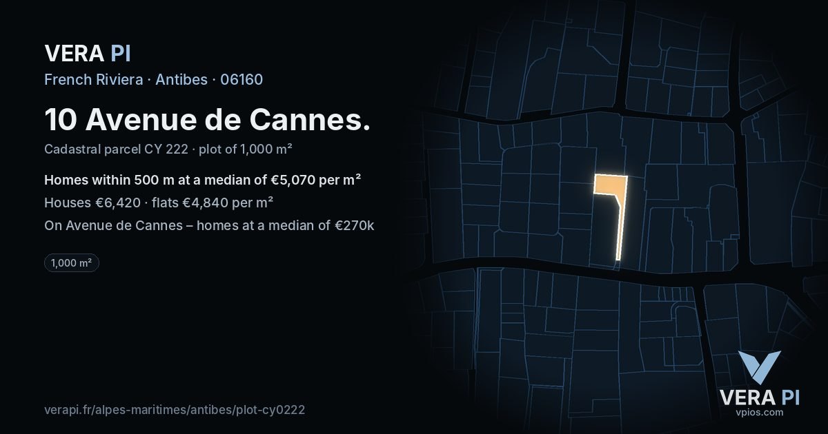 10 Avenue de Cannes, Antibes at night – the plot lit, the parcels around coloured by the prices near them