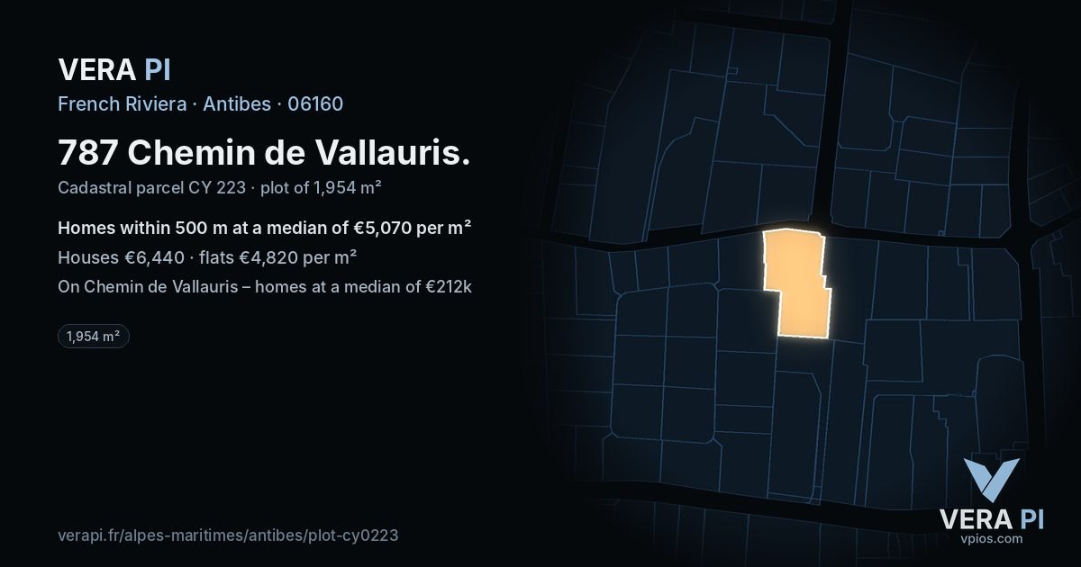 787 Chemin de Vallauris, Antibes at night – the plot lit, the parcels around coloured by the prices near them
