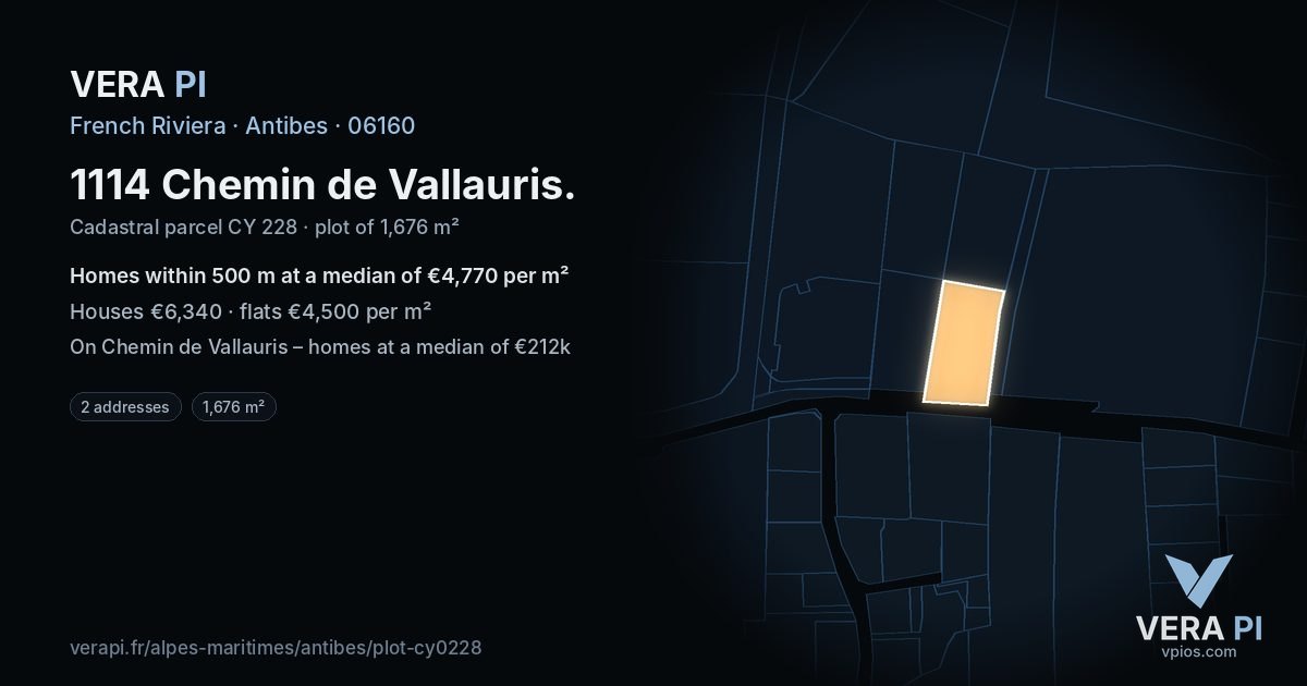 1114 Chemin de Vallauris, Antibes at night – the plot lit, the parcels around coloured by the prices near them