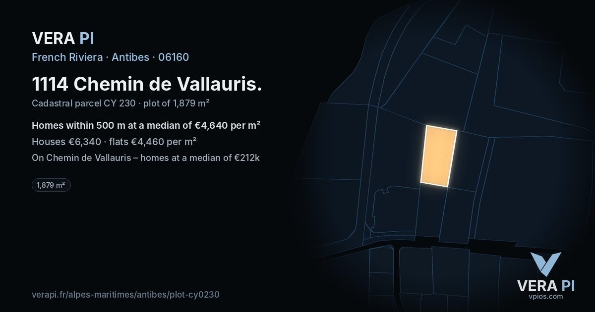 1114 Chemin de Vallauris, Antibes at night – the plot lit, the parcels around coloured by the prices near them