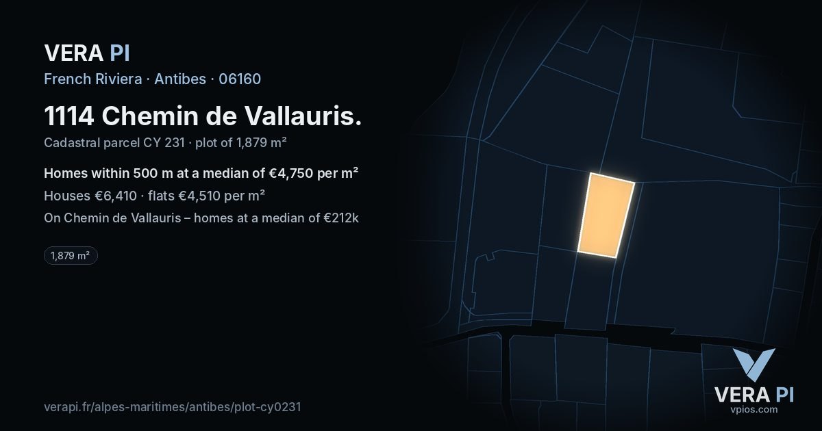1114 Chemin de Vallauris, Antibes at night – the plot lit, the parcels around coloured by the prices near them