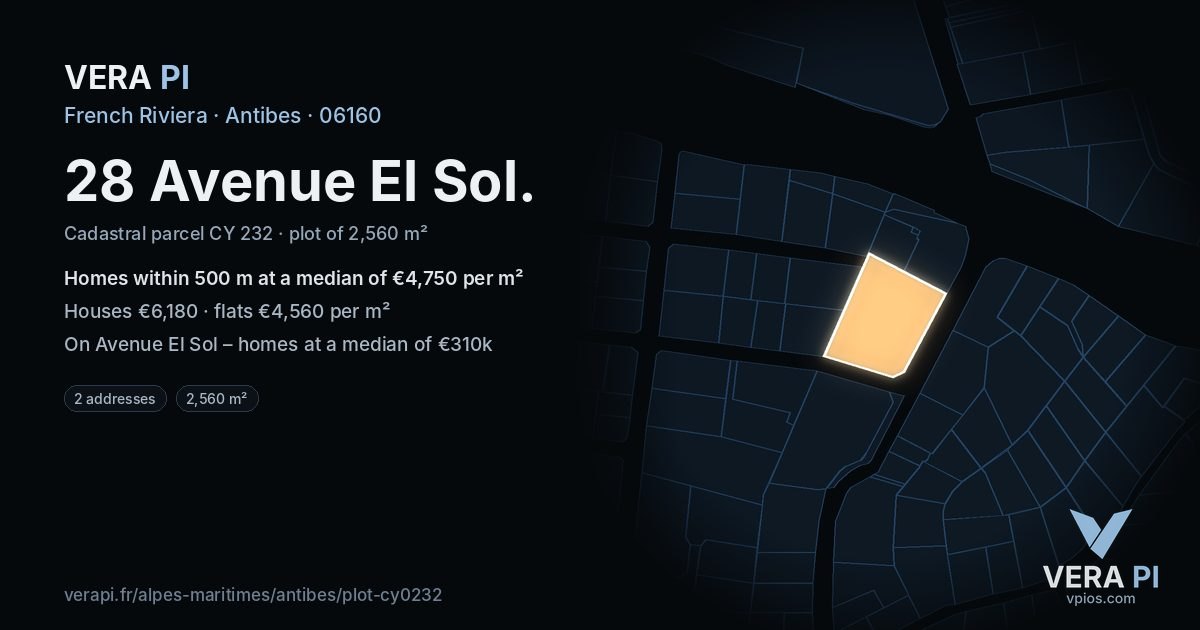28 Avenue El Sol, Antibes at night – the plot lit, the parcels around coloured by the prices near them