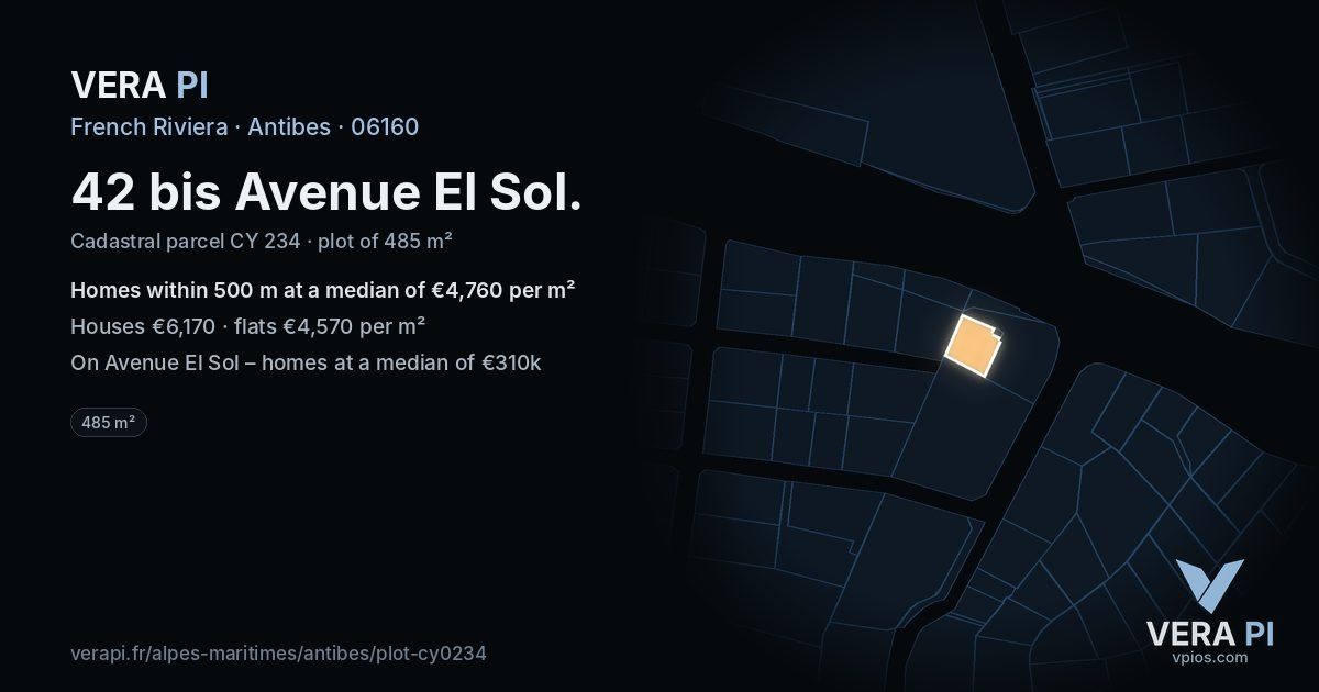 42 bis Avenue El Sol, Antibes at night – the plot lit, the parcels around coloured by the prices near them