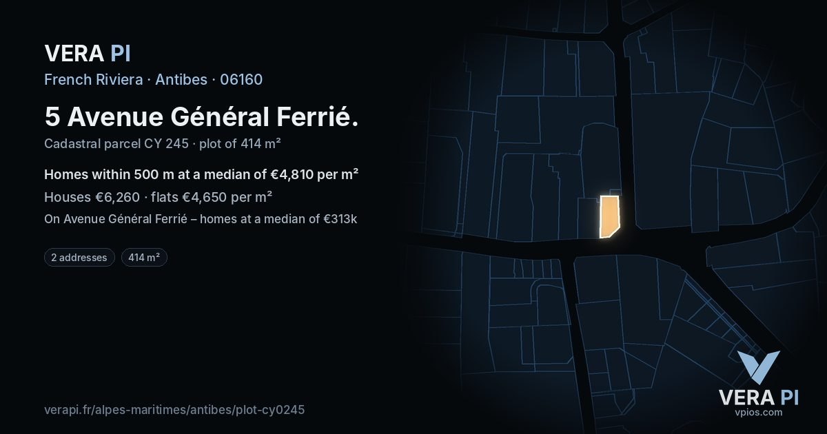 5 Avenue Général Ferrié, Antibes at night – the plot lit, the parcels around coloured by the prices near them