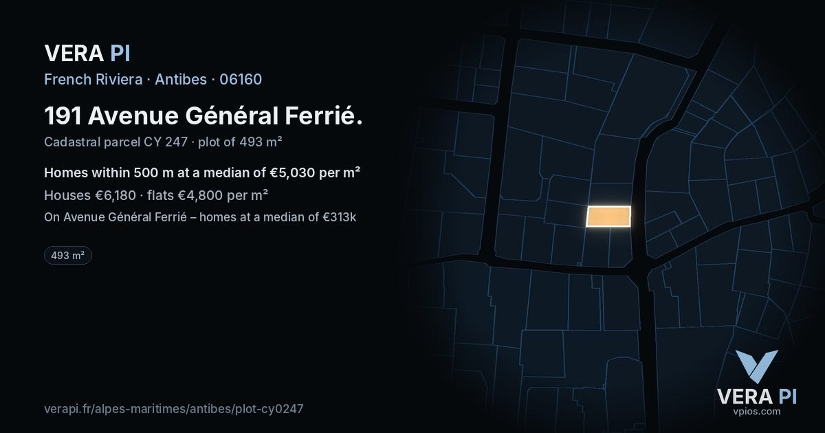 191 Avenue Général Ferrié, Antibes at night – the plot lit, the parcels around coloured by the prices near them