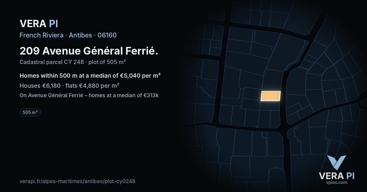 209 Avenue Général Ferrié, Antibes at night – the plot lit, the parcels around coloured by the prices near them