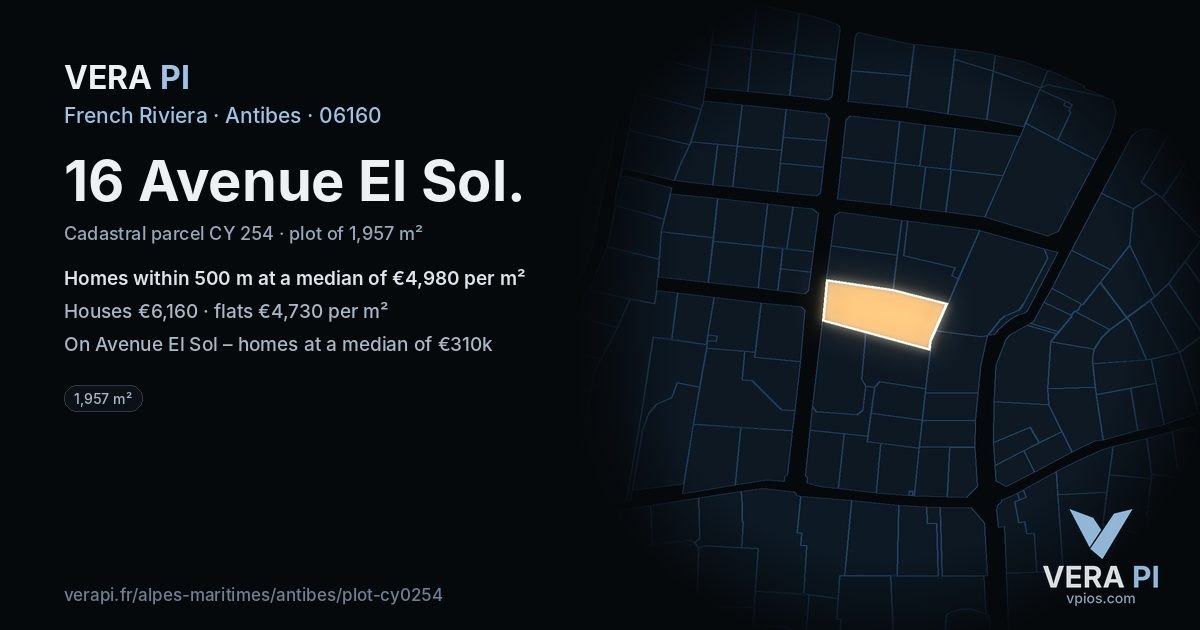 16 Avenue El Sol, Antibes at night – the plot lit, the parcels around coloured by the prices near them