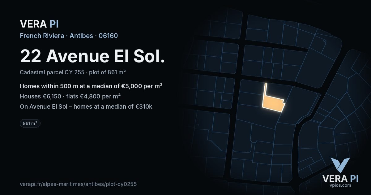 22 Avenue El Sol, Antibes at night – the plot lit, the parcels around coloured by the prices near them