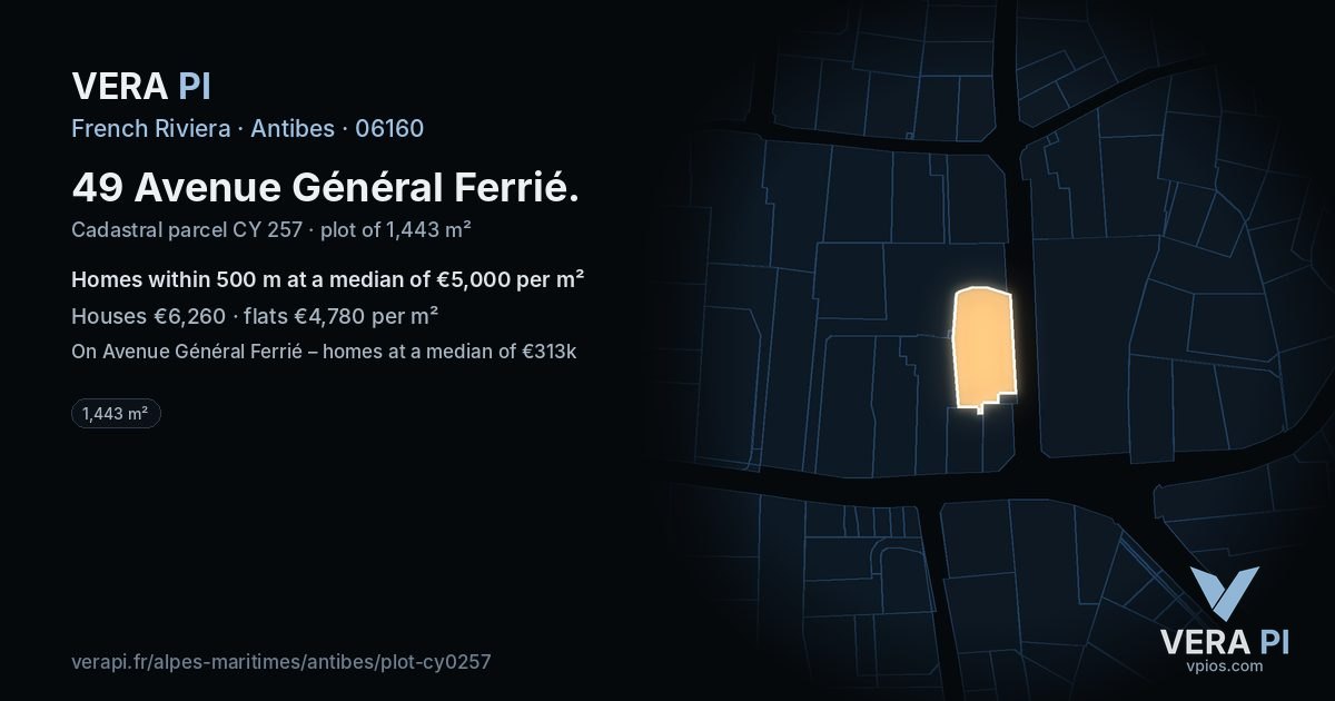 49 Avenue Général Ferrié, Antibes at night – the plot lit, the parcels around coloured by the prices near them