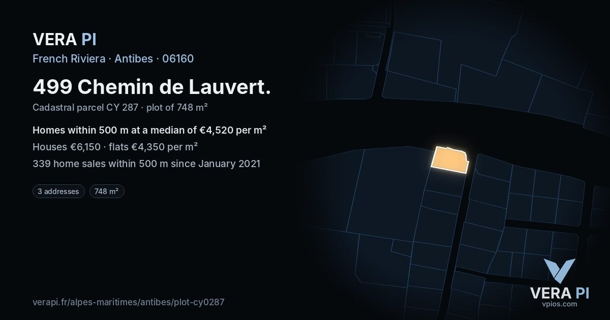 499 Chemin de Lauvert, Antibes at night – the plot lit, the parcels around coloured by the prices near them
