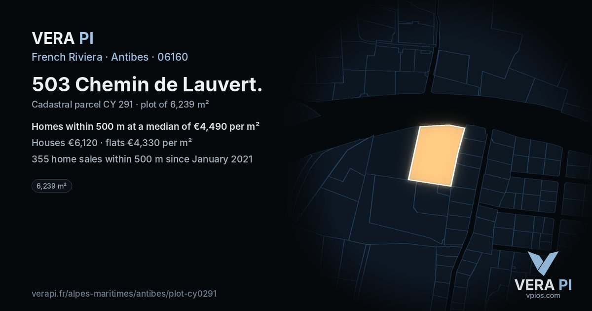 503 Chemin de Lauvert, Antibes at night – the plot lit, the parcels around coloured by the prices near them