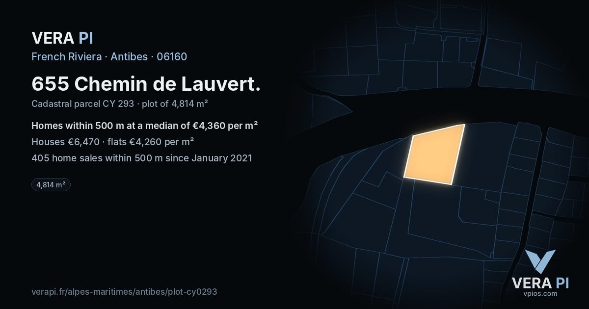 655 Chemin de Lauvert, Antibes at night – the plot lit, the parcels around coloured by the prices near them