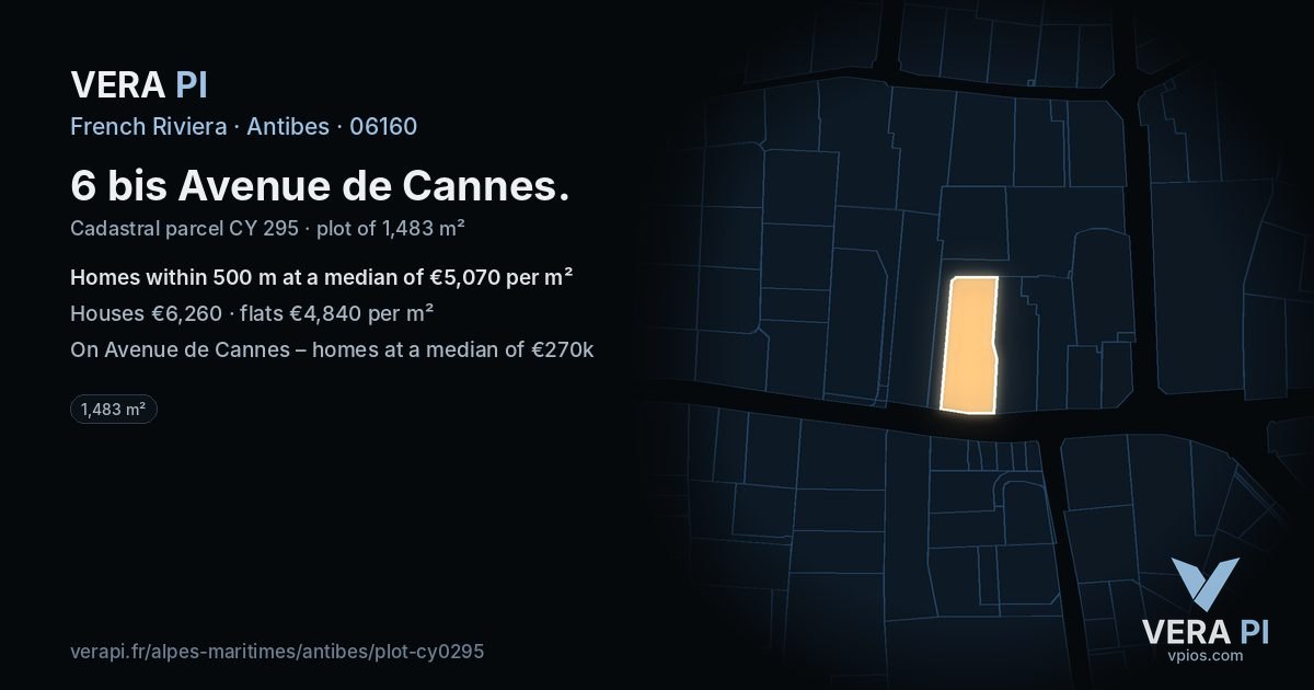 6 bis Avenue de Cannes, Antibes at night – the plot lit, the parcels around coloured by the prices near them