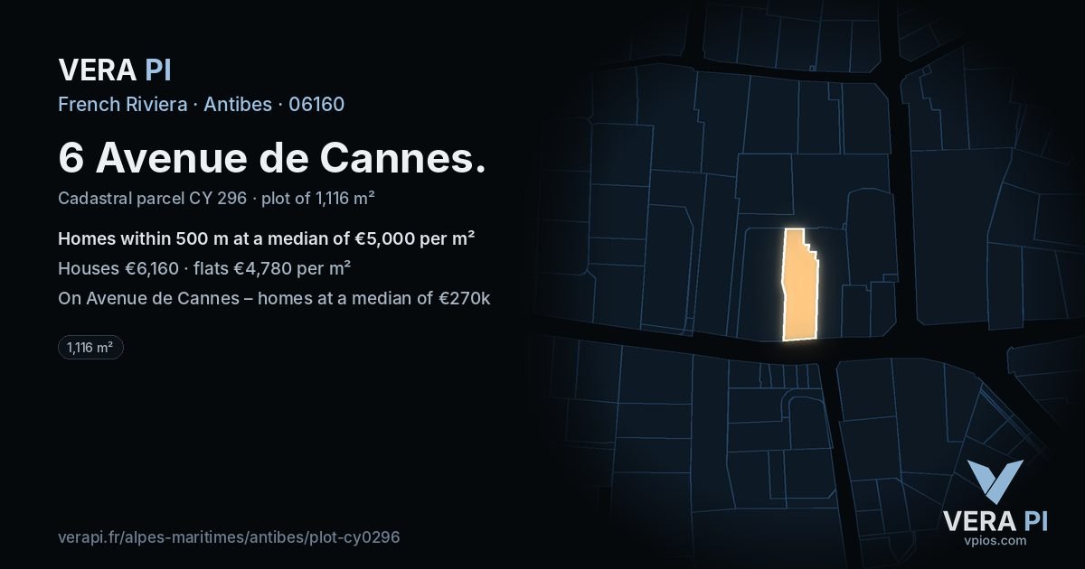6 Avenue de Cannes, Antibes at night – the plot lit, the parcels around coloured by the prices near them