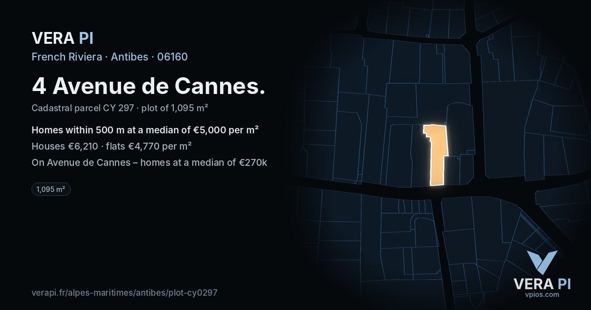 4 Avenue de Cannes, Antibes at night – the plot lit, the parcels around coloured by the prices near them