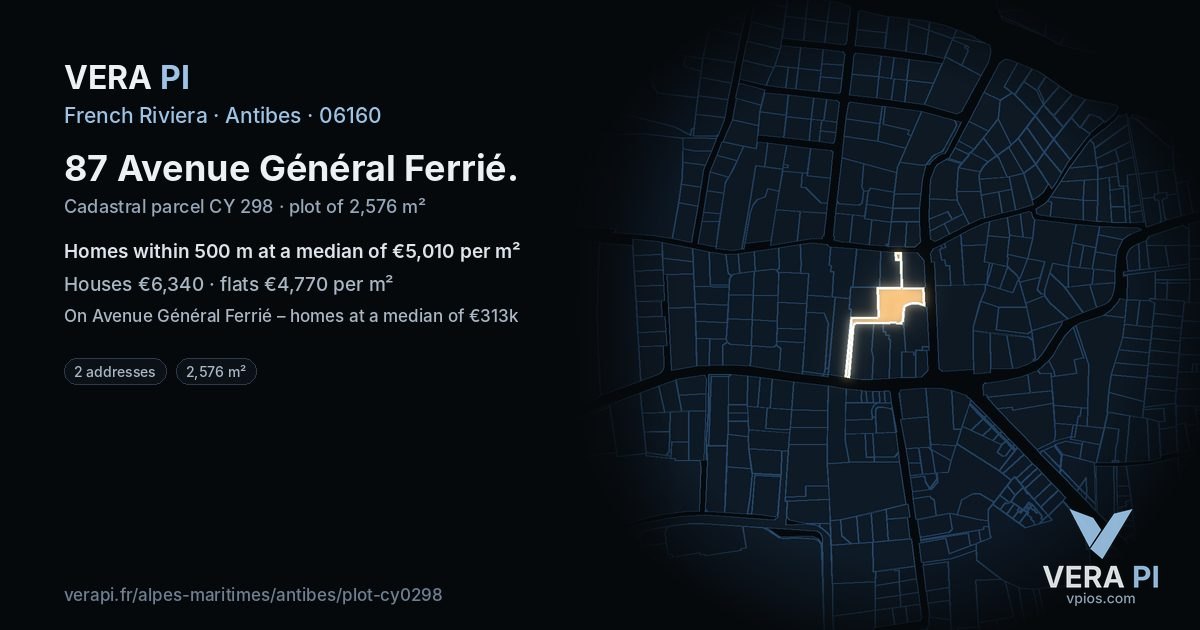 87 Avenue Général Ferrié, Antibes at night – the plot lit, the parcels around coloured by the prices near them