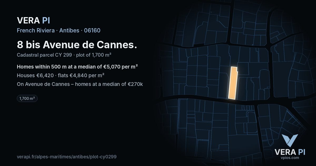 8 bis Avenue de Cannes, Antibes at night – the plot lit, the parcels around coloured by the prices near them