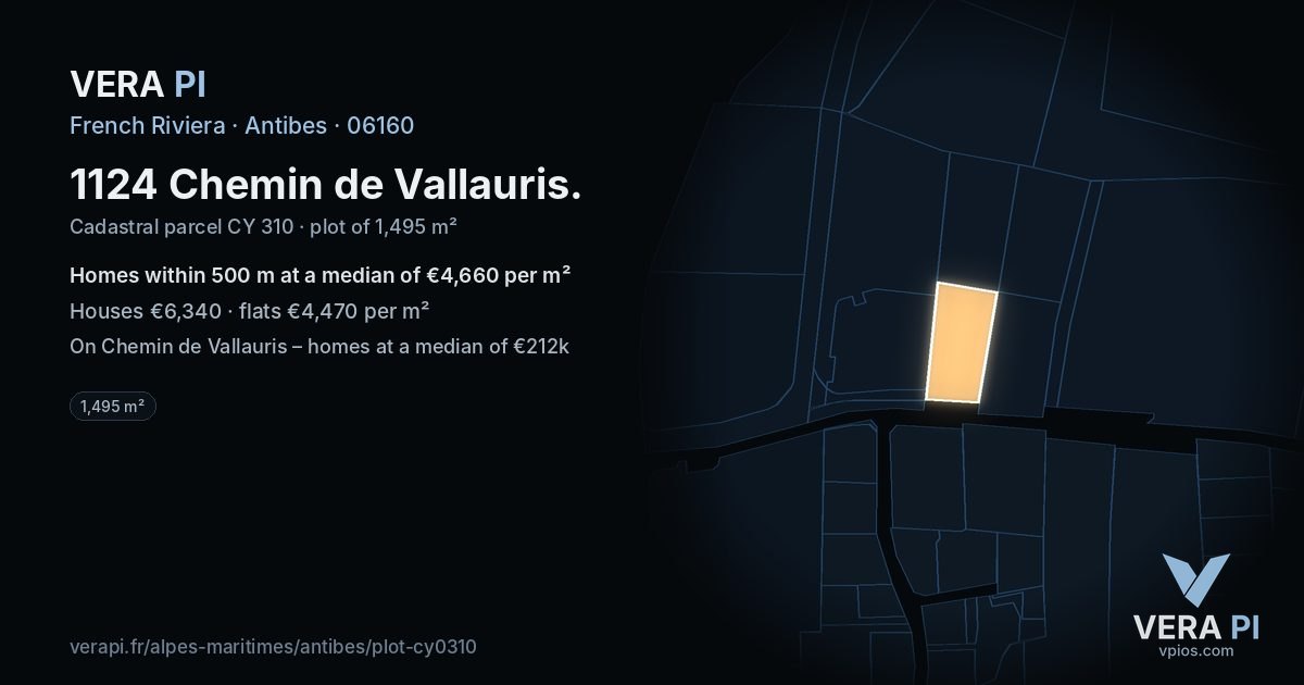 1124 Chemin de Vallauris, Antibes at night – the plot lit, the parcels around coloured by the prices near them