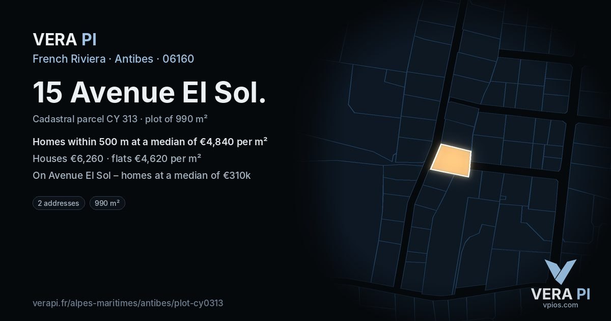 15 Avenue El Sol, Antibes at night – the plot lit, the parcels around coloured by the prices near them