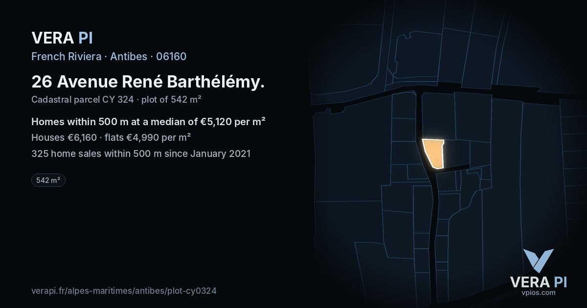 26 Avenue René Barthélémy, Antibes at night – the plot lit, the parcels around coloured by the prices near them