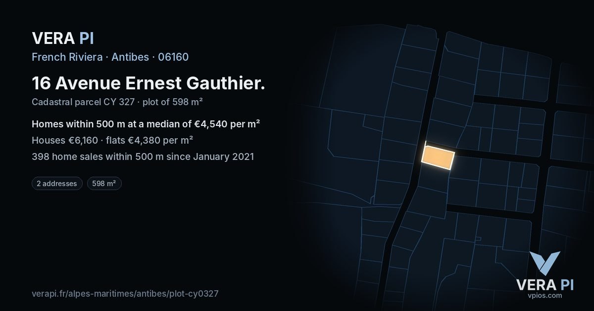 16 Avenue Ernest Gauthier, Antibes at night – the plot lit, the parcels around coloured by the prices near them