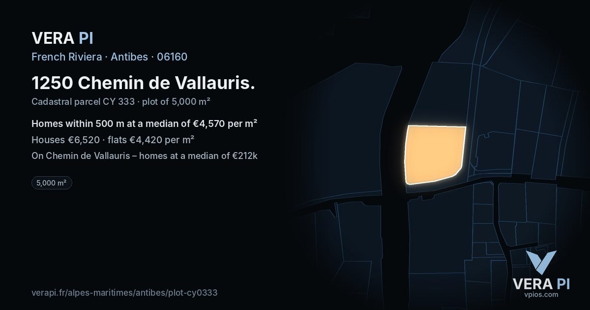 1250 Chemin de Vallauris, Antibes at night – the plot lit, the parcels around coloured by the prices near them
