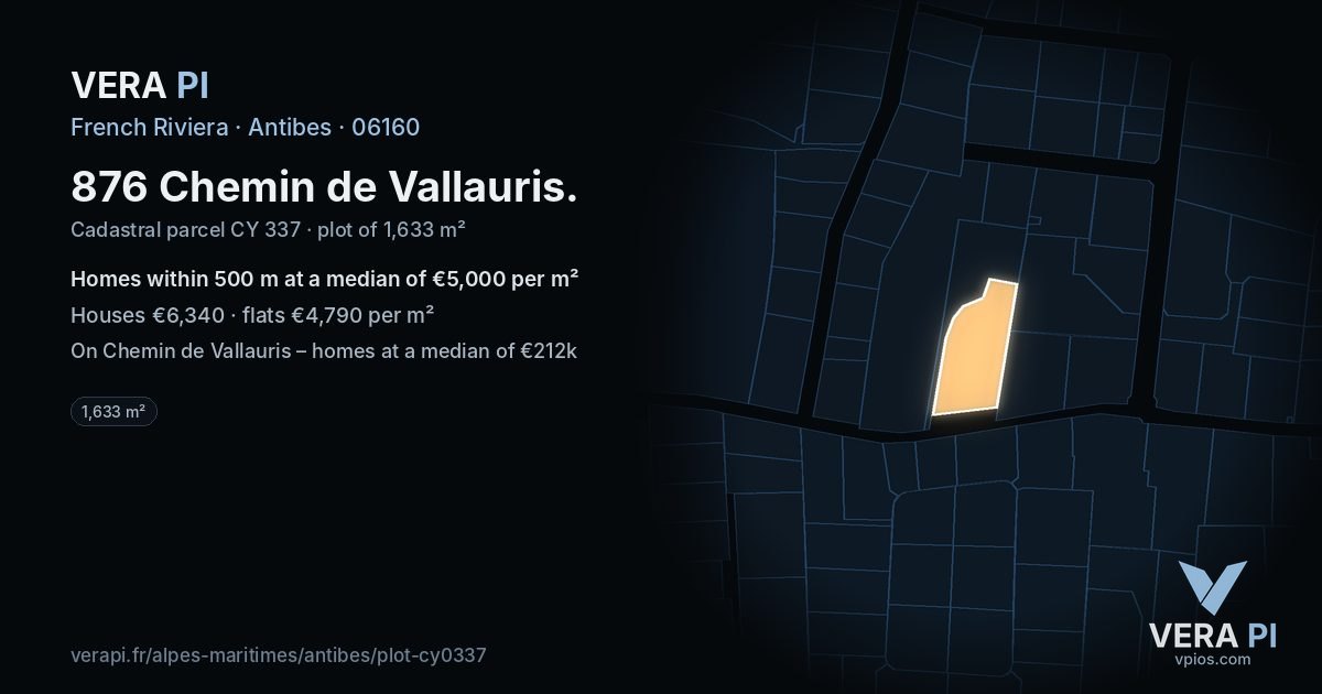 876 Chemin de Vallauris, Antibes at night – the plot lit, the parcels around coloured by the prices near them