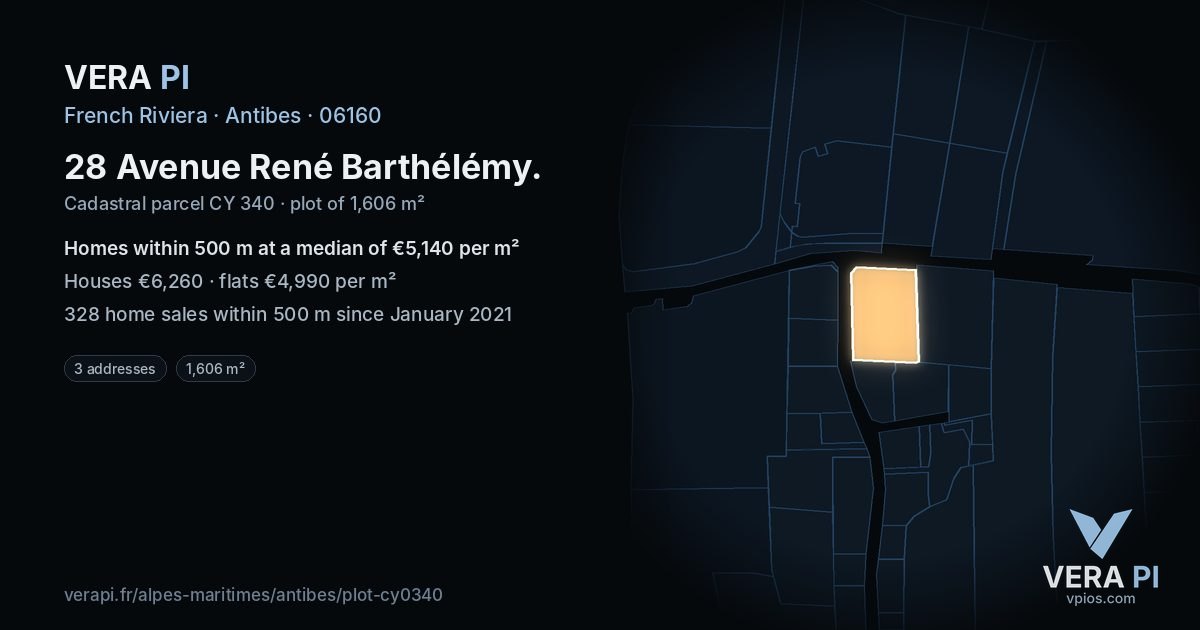 28 Avenue René Barthélémy, Antibes at night – the plot lit, the parcels around coloured by the prices near them