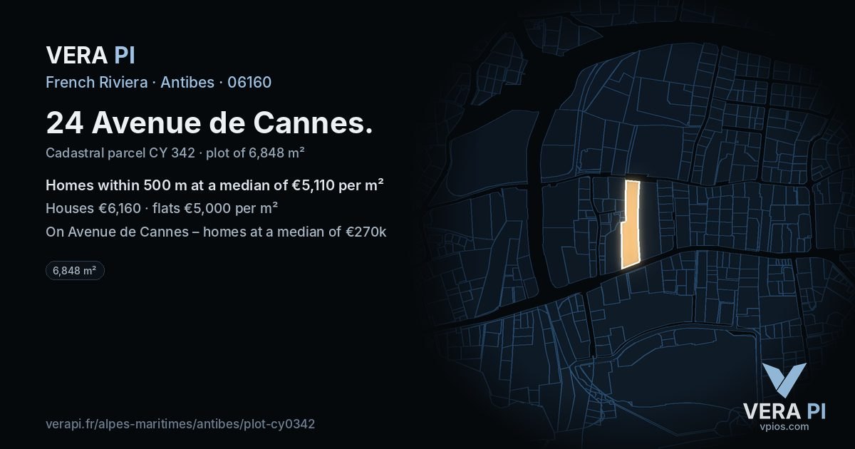 24 Avenue de Cannes, Antibes at night – the plot lit, the parcels around coloured by the prices near them