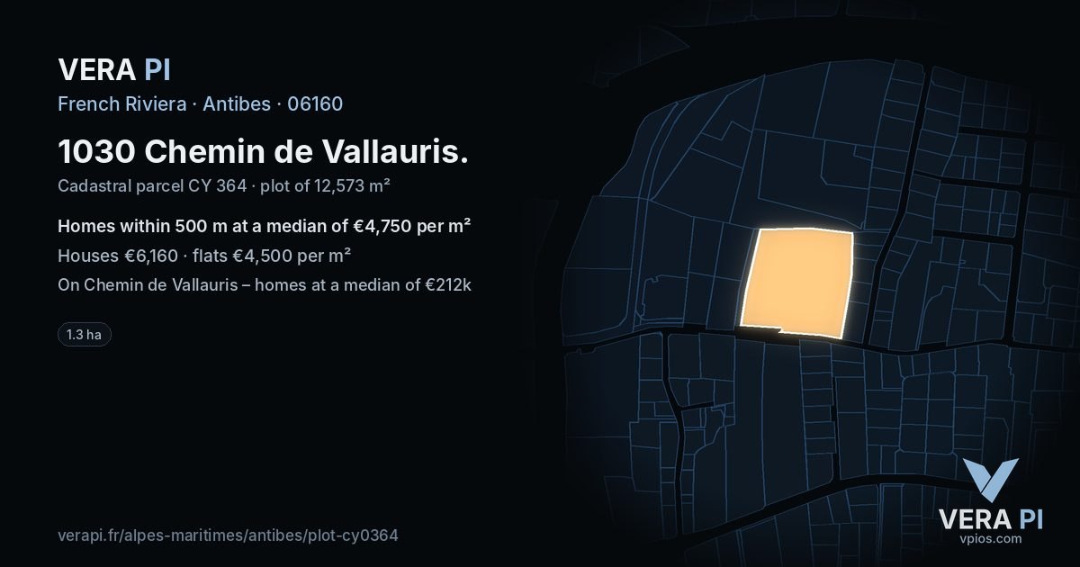 1030 Chemin de Vallauris, Antibes at night – the plot lit, the parcels around coloured by the prices near them