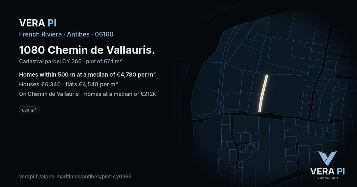 1080 Chemin de Vallauris, Antibes at night – the plot lit, the parcels around coloured by the prices near them