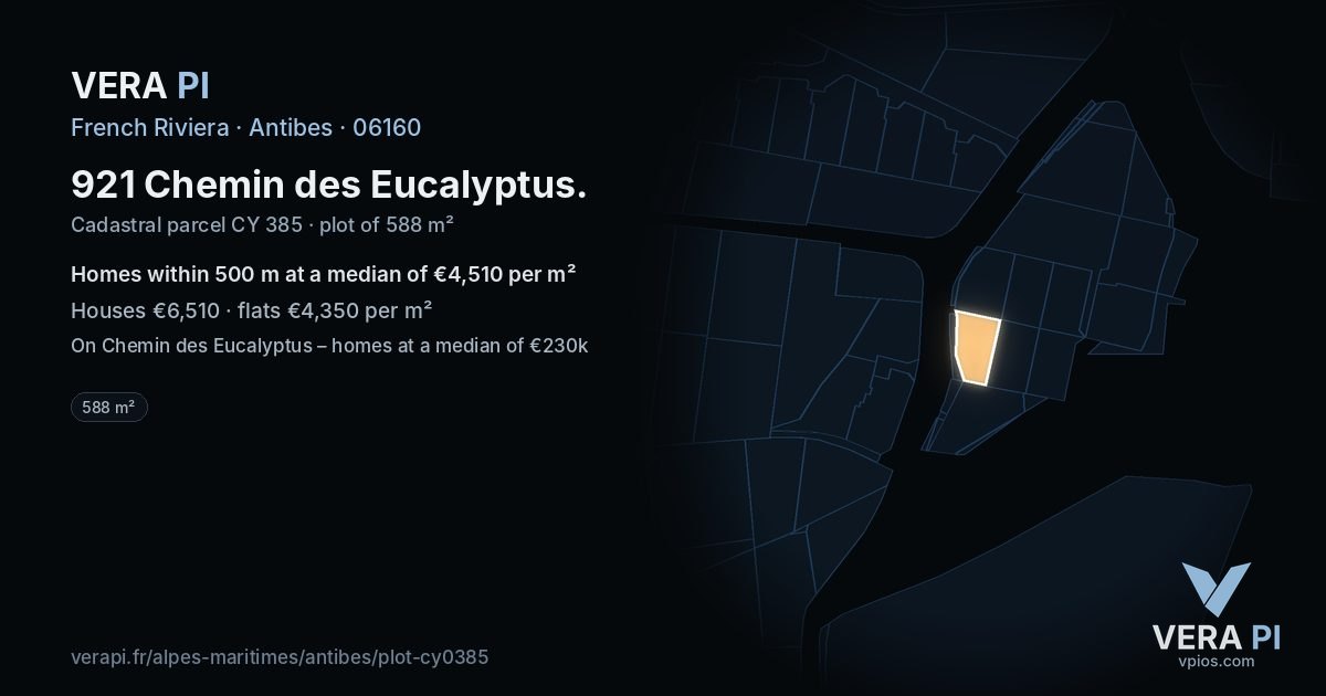921 Chemin des Eucalyptus, Antibes at night – the plot lit, the parcels around coloured by the prices near them