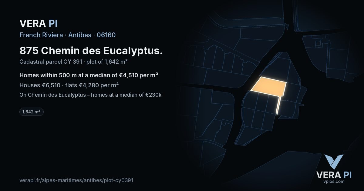 875 Chemin des Eucalyptus, Antibes at night – the plot lit, the parcels around coloured by the prices near them