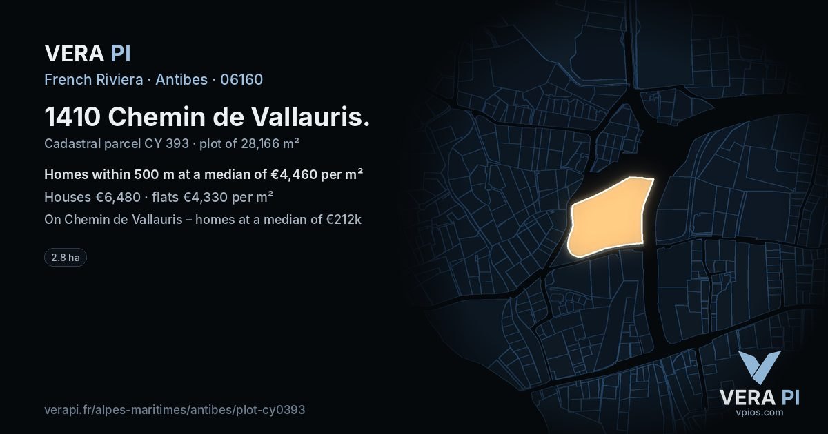 1410 Chemin de Vallauris, Antibes at night – the plot lit, the parcels around coloured by the prices near them
