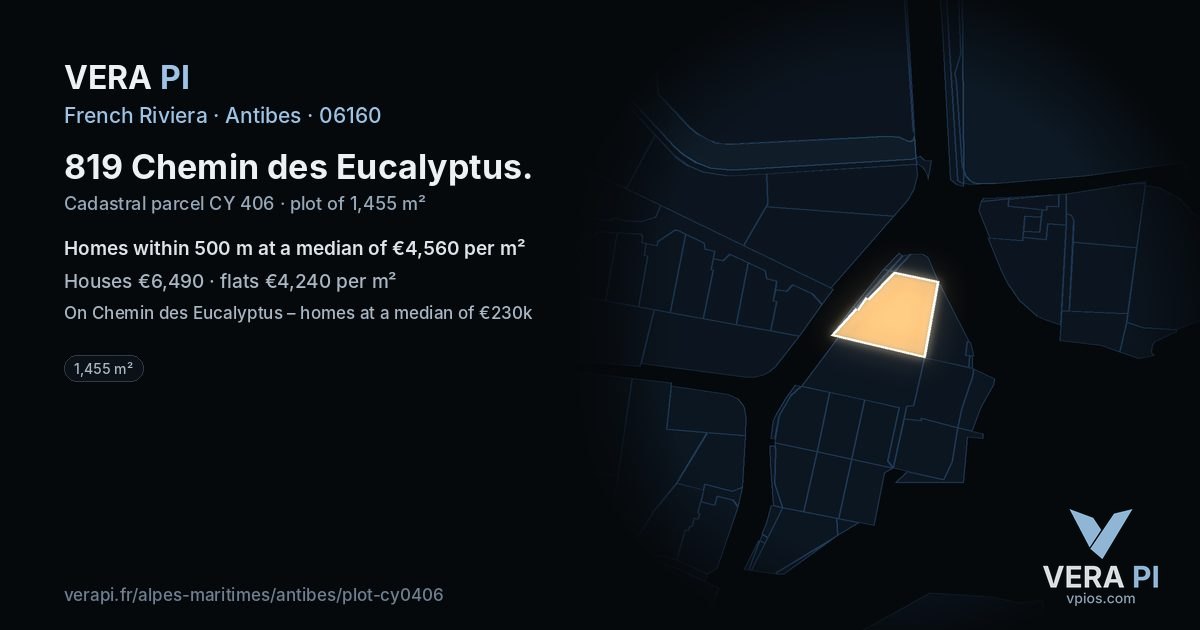 819 Chemin des Eucalyptus, Antibes at night – the plot lit, the parcels around coloured by the prices near them