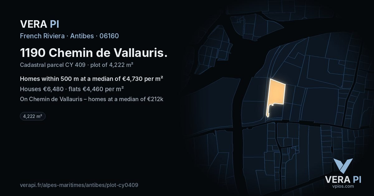 1190 Chemin de Vallauris, Antibes at night – the plot lit, the parcels around coloured by the prices near them