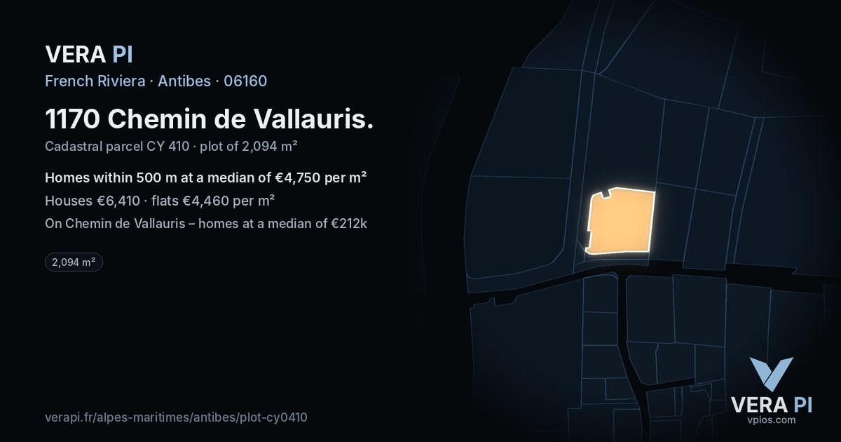 1170 Chemin de Vallauris, Antibes at night – the plot lit, the parcels around coloured by the prices near them